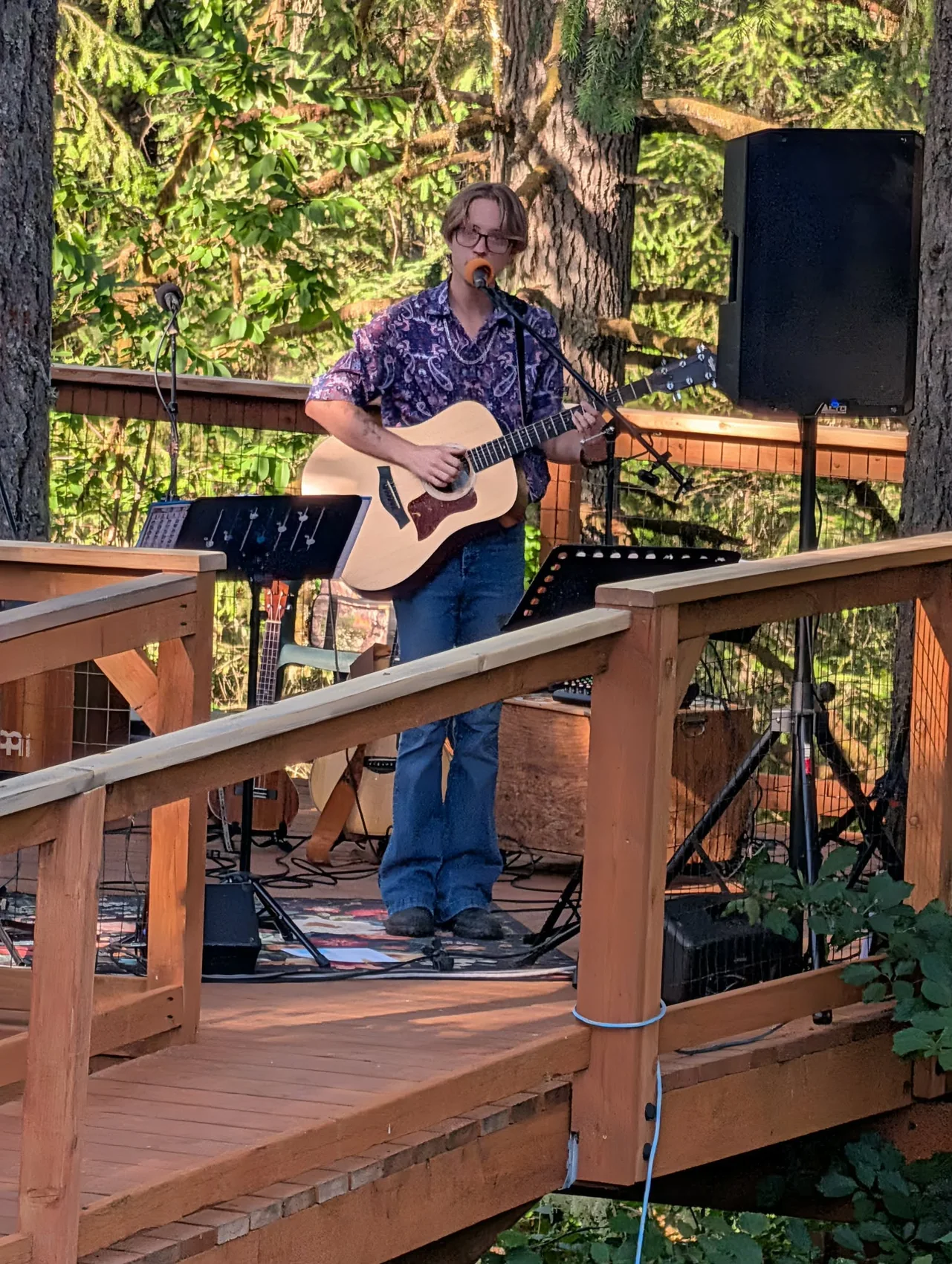Cooper Morris performing a solo acoustic set among the trees