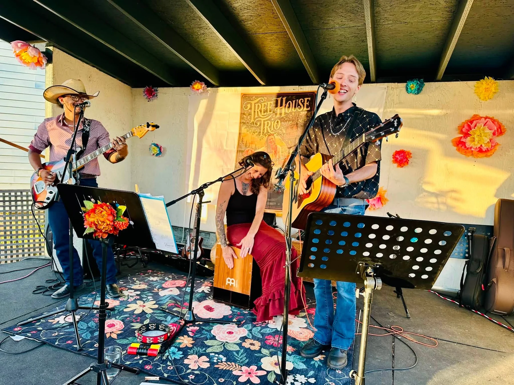 Tree House Trio performing together in warm evening light
